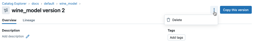 menu kebab della pagina versione modello che permette l’eliminazione