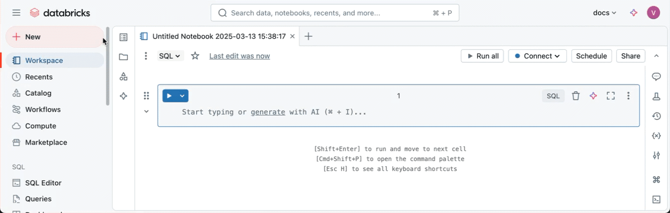 Creare un notebook dal nuovo pulsante nella barra laterale sinistra.