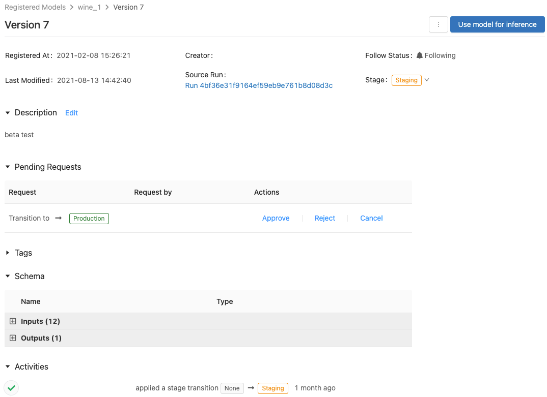 Pagina della versione del modello MLflow 2.x