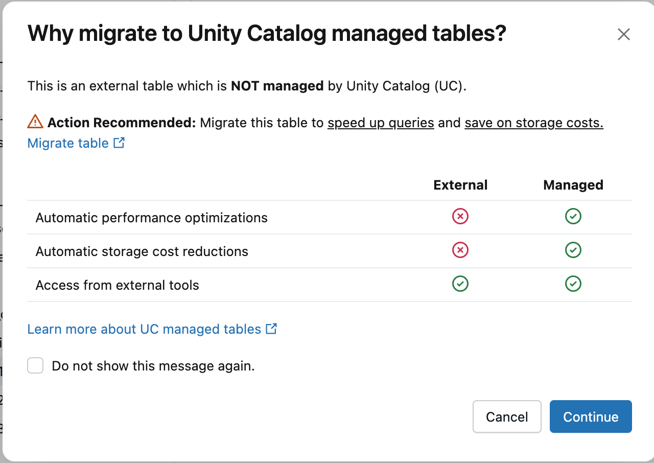 Finestra di dialogo Perché eseguire la migrazione a tabelle gestite del catalogo Unity con il pulsante Continua