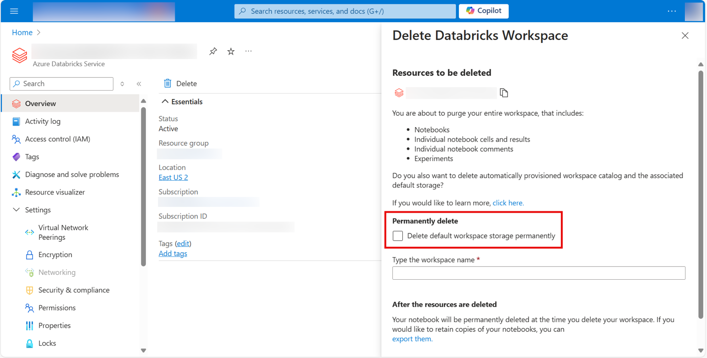 Forzare l'eliminazione di un'area di lavoro usando il portale di Azure.