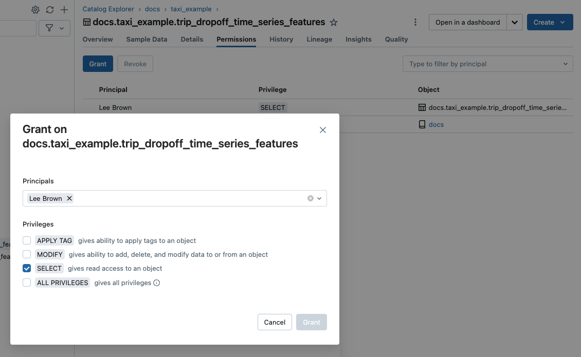 Concedere privilegi utilizzando Catalog Explorer