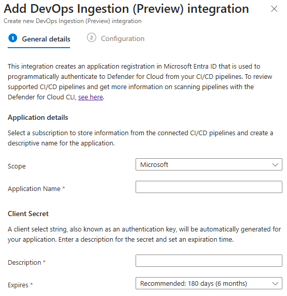 Screenshot del modulo Aggiungi inserimento DevOps con le impostazioni del nome dell'applicazione, del tenant, della scadenza e del token.