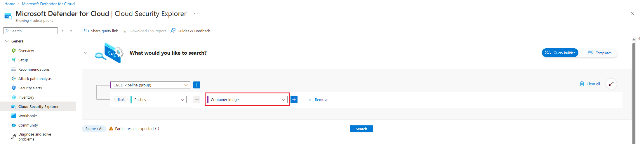 Screenshot della selezione delle immagini del contenitore in Cloud Security Explorer.