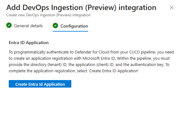 Screenshot della configurazione di ingestione DevOps completata che mostra i valori del client e dei segreti generati.