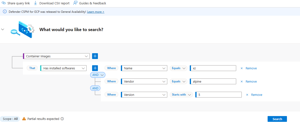 Screenshot delle opzioni di query di Cloud Security Explorer per recuperare l'elenco di immagini del contenitore con il software installato.