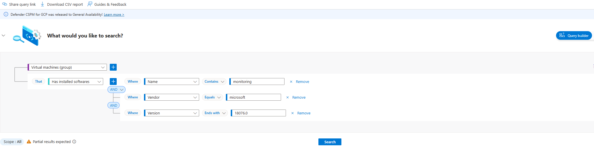 Screenshot delle opzioni di query di Cloud Security Explorer per recuperare l'elenco di macchine virtuali con software installato.