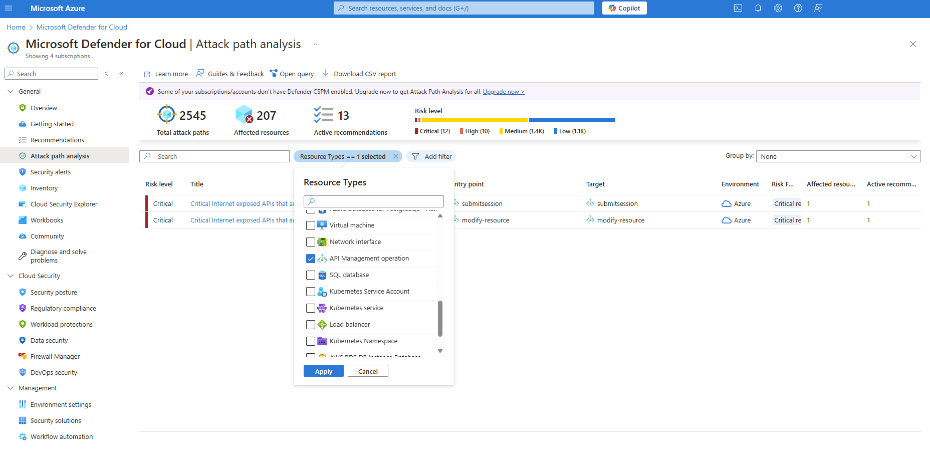 Screenshot dell'analisi del percorso di attacco filtrata in base all'operazione di Gestione API.