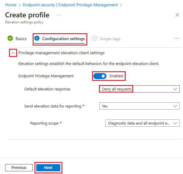 Screenshot che mostra la scheda Impostazioni di configurazione, con Endpoint Privilege Management abilitato e Risposta di elevazione predefinita impostata su Nega tutte le richieste.