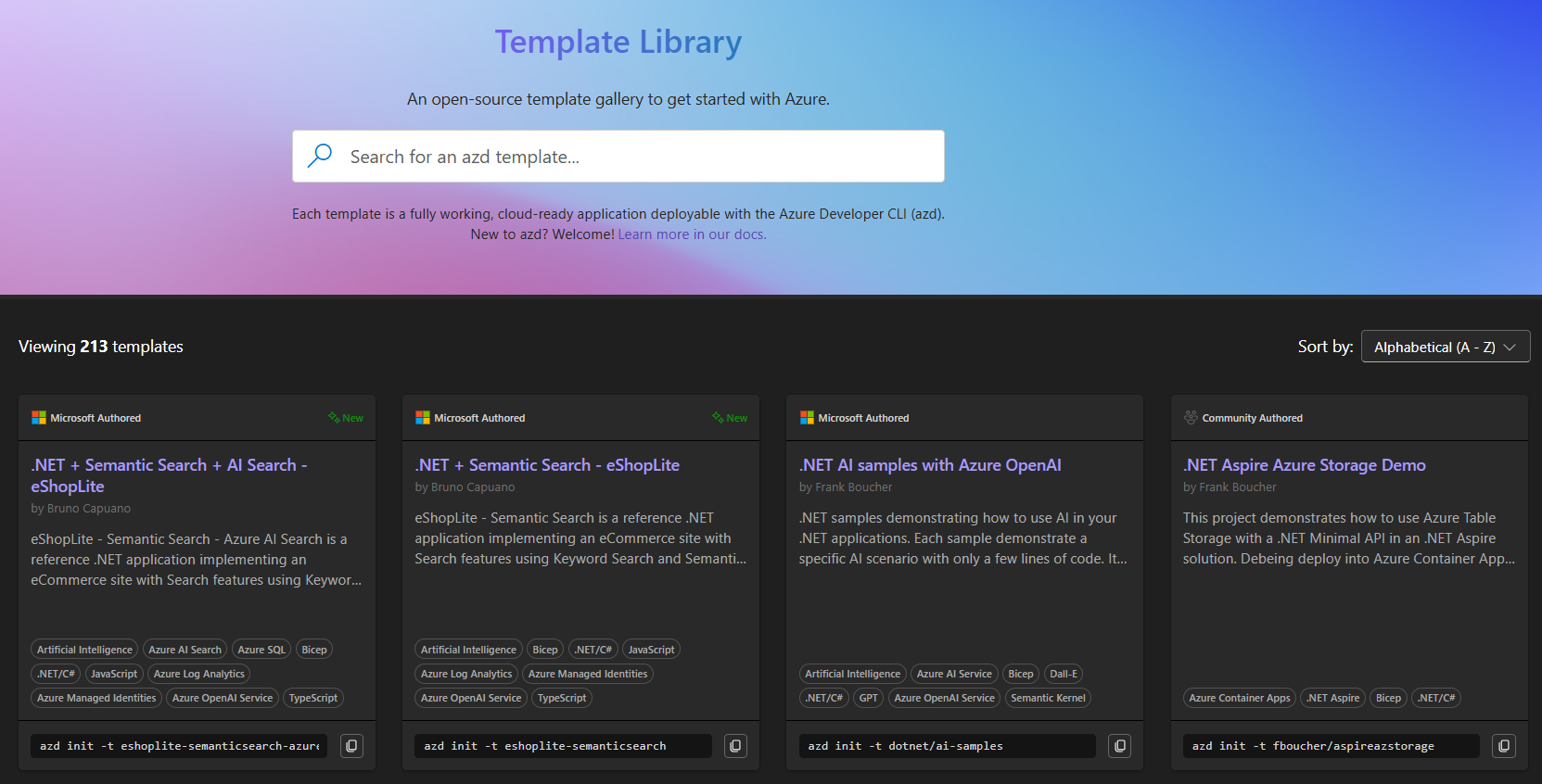 Screenshot che mostra la home page della raccolta di modelli Awesome AZD.