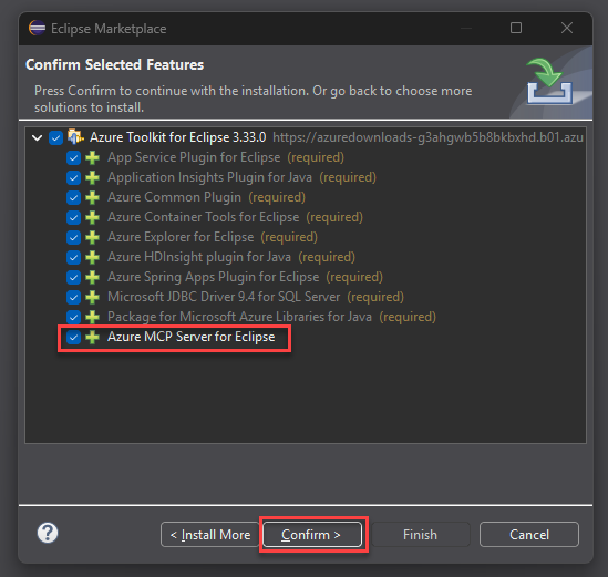 Screenshot della finestra Conferma funzionalità selezionate con l'opzione Server MCP di Azure per Eclipse selezionata.