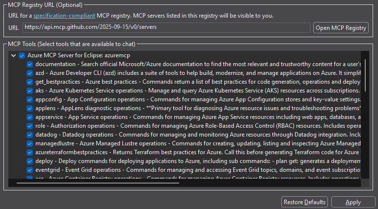 Screenshot della sezione Strumenti MCP che mostra il server MCP di Azure per Eclipse tra i presenti.