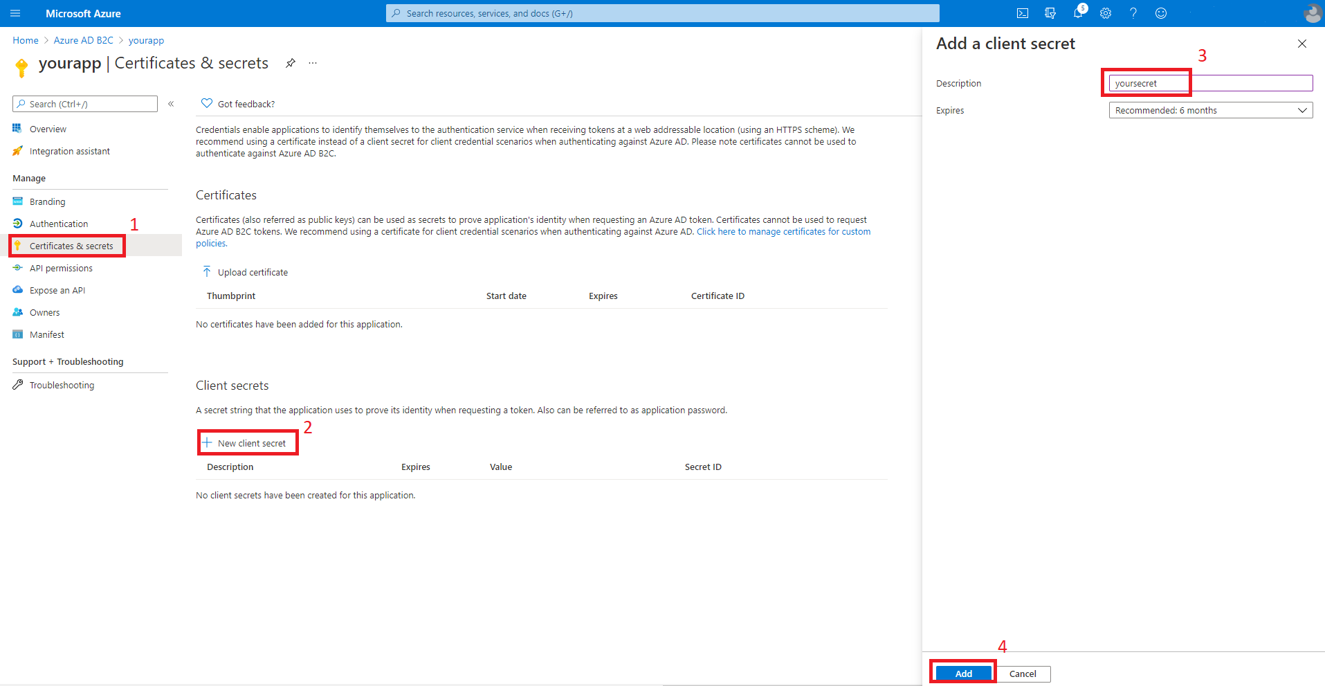 Aggiungi un segreto client schermata.