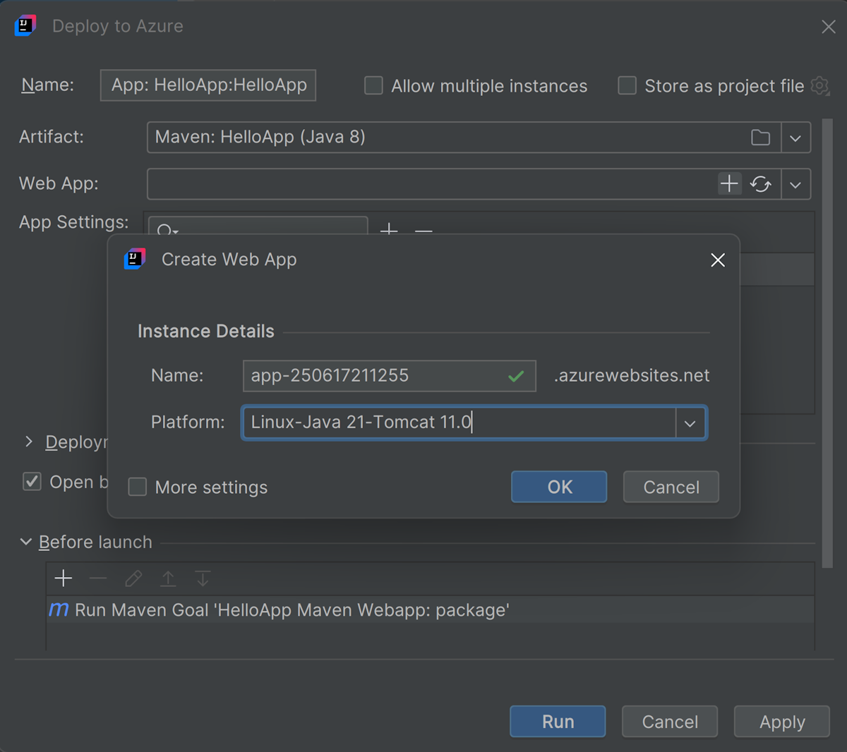 Finestra di dialogo Deploy to Azure.