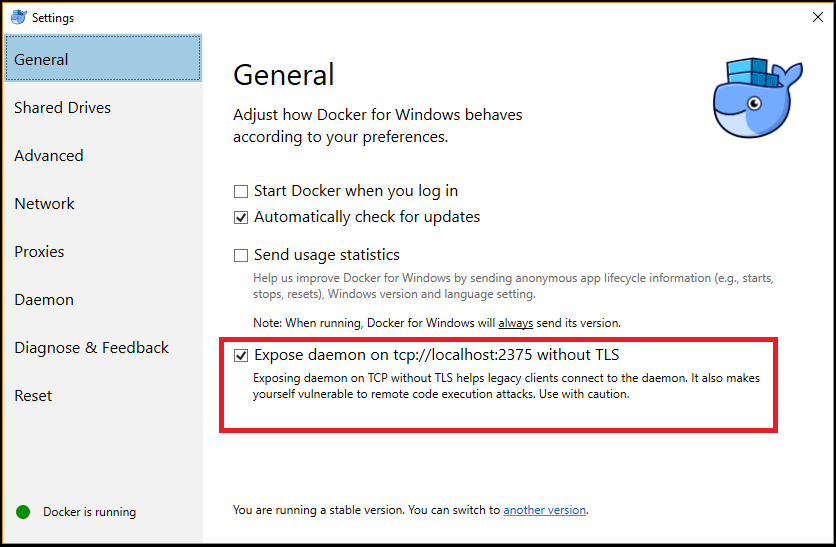 menu delle impostazioni di Docker