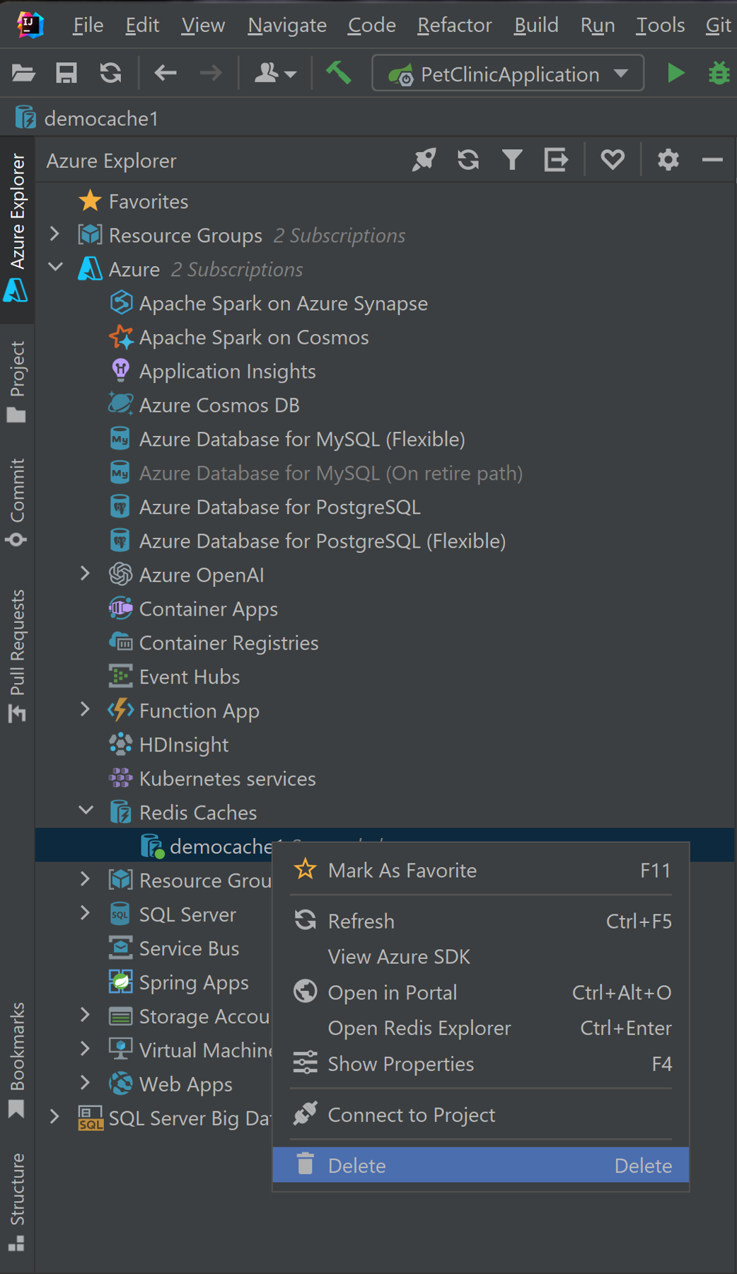 menu contestuale di Azure Explorer per eliminare una cache Redis
