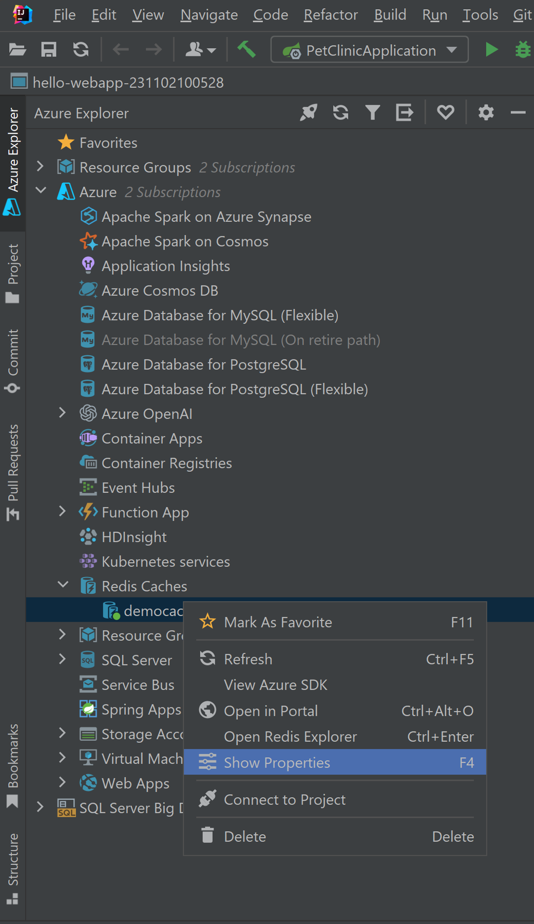 menu di scelta rapida di Azure Explorer per visualizzare le proprietà di una cache Redis