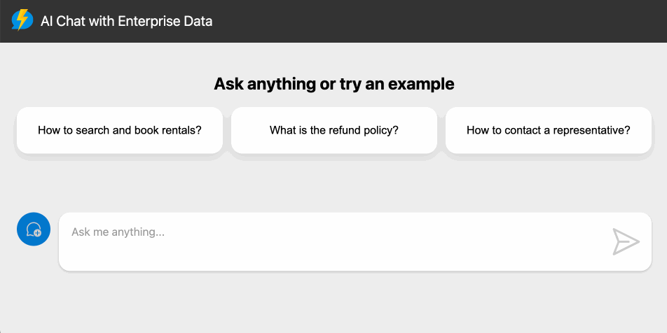Screenshot dell'app chat nel browser che mostra la casella di testo della chat e diversi suggerimenti per l'input della chat.