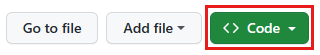 Screenshot della pagina del repository GitHub che mostra il pulsante Vai al file, Aggiungi file e codice verde evidenziato.