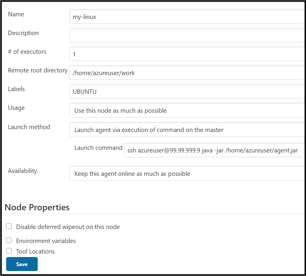 Esempio di configurazione del nodo che specifica un metodo di avvio dell'agente launch tramite l'esecuzione del comando nel master.