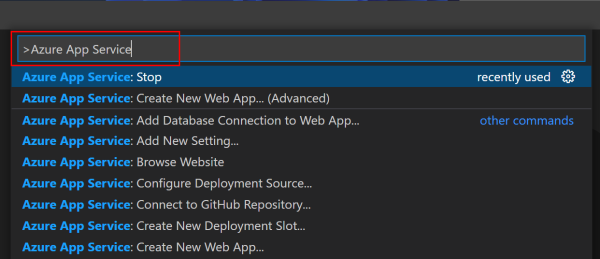 Uno screenshot della paletta comandi di Visual Studio Code per Servizio App.