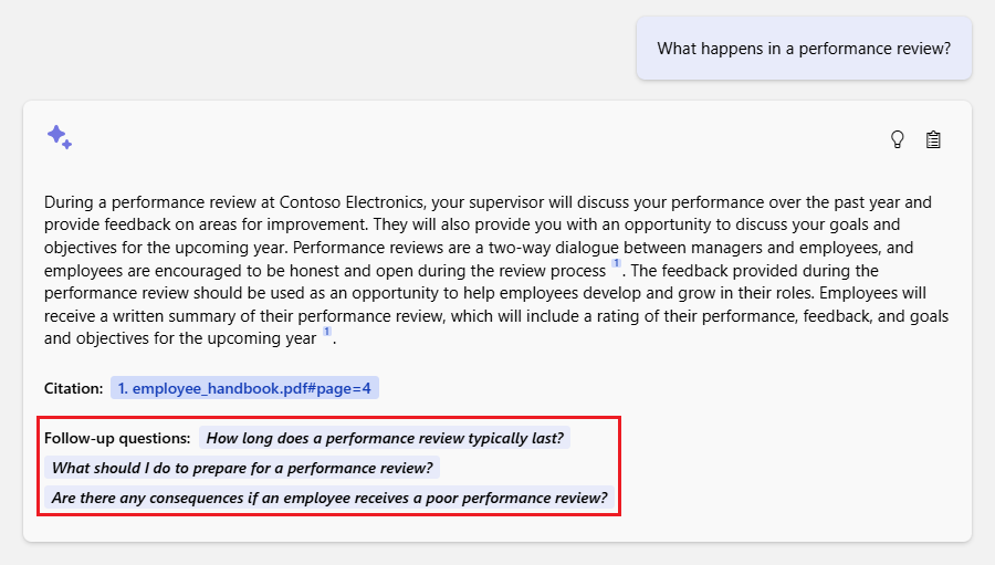 Screenshot che mostra come l'app di chat fornisce domande di completamento suggerite dopo la risposta.