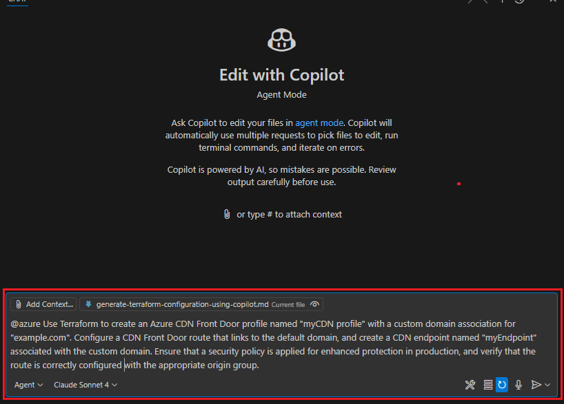 Screenshot di un prompt di configurazione per Terraform utilizzando Copilot in VS Code.