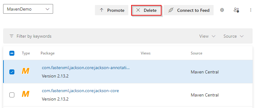 Screenshot che mostra come eliminare un pacchetto Maven in Azure Artifacts.