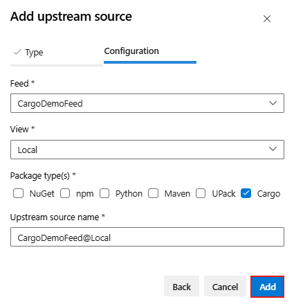 Screenshot che mostra come aggiungere un nuovo feed interno come origine upstream in Azure Artifacts.