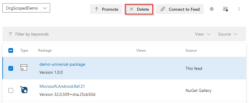 Screenshot che mostra come eliminare un pacchetto universale in Azure Artifacts.