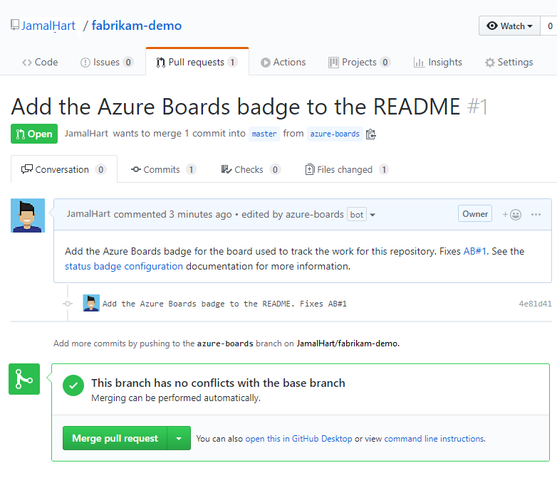 La screenshot mostra il pull request di esempio in GitHub.