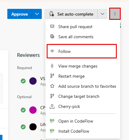 Screenshot che mostra il menu di scelta rapida Pull Request con l'opzione icona Segui.