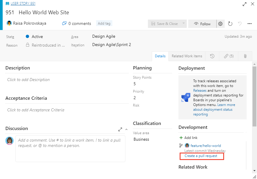 Screenshot mostra la selezione evidenziata, Crea una pull request, nel modulo dell'elemento di lavoro.