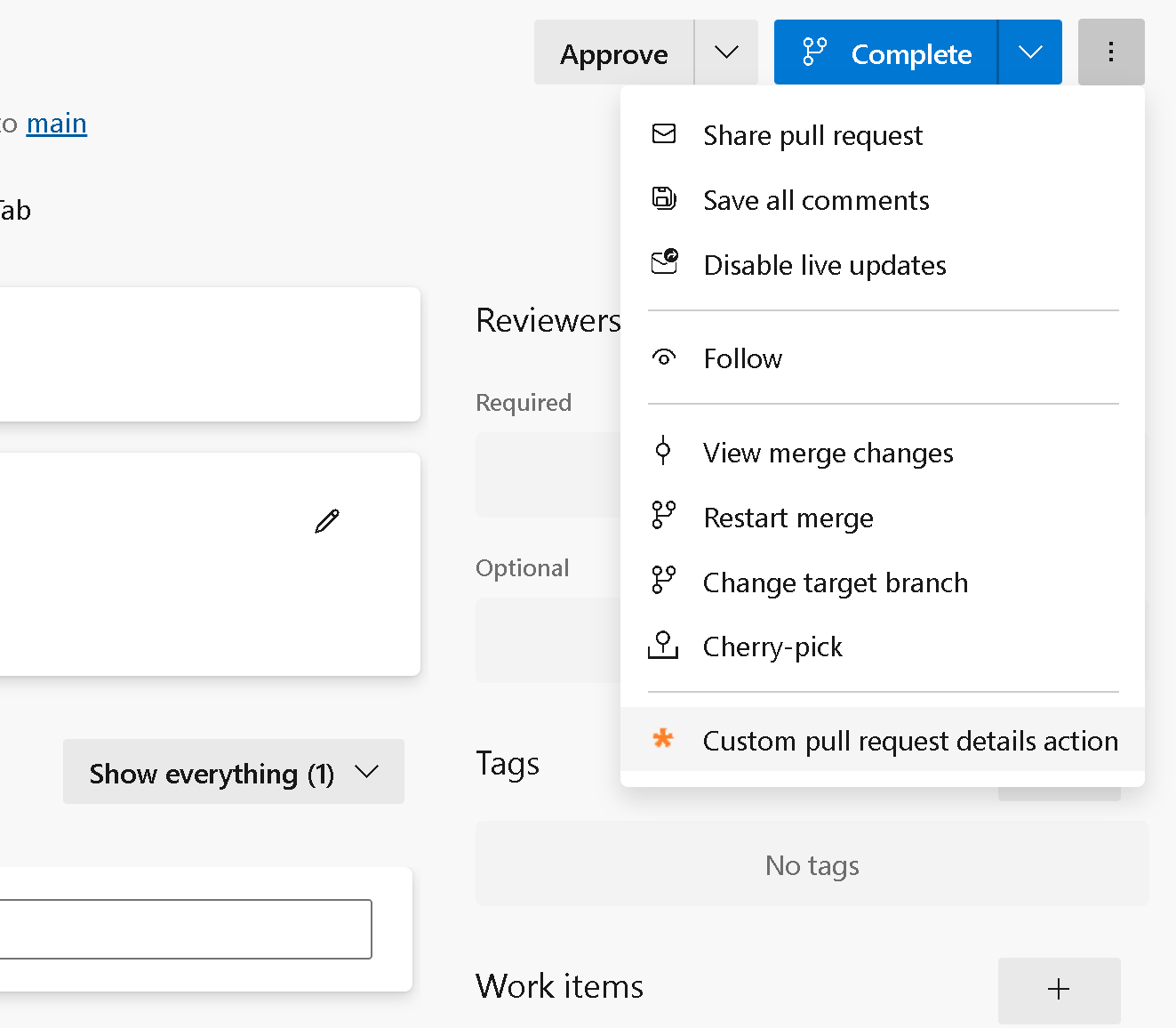 Screenshot delle azioni di pull request di Git.