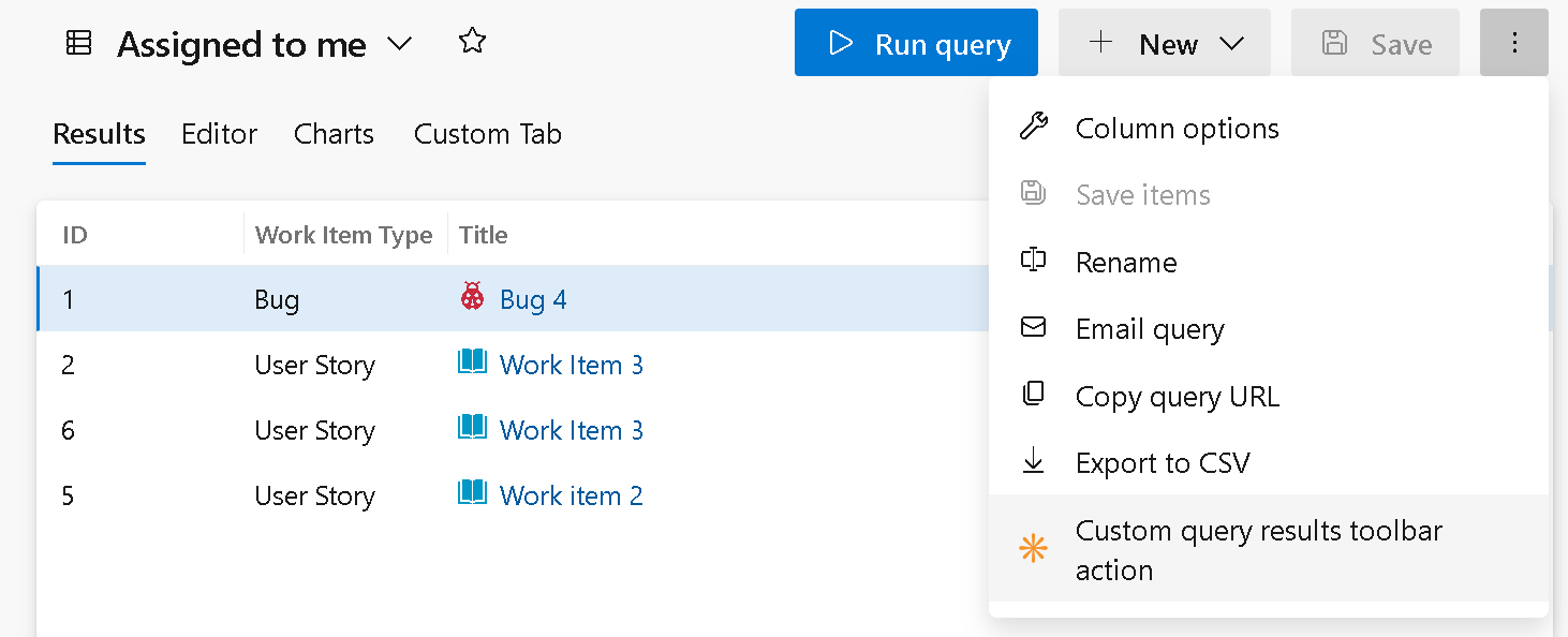 Screenshot di un'azione personalizzata nel menu della barra degli strumenti dei risultati della query.