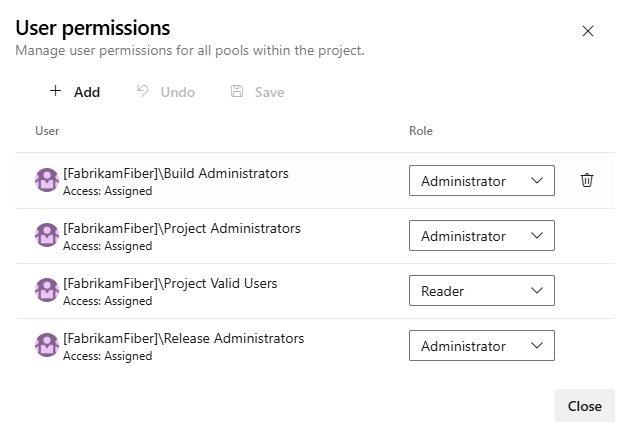 Screenshot della pagina della sicurezza dei pool di agenti a livello di progetto.