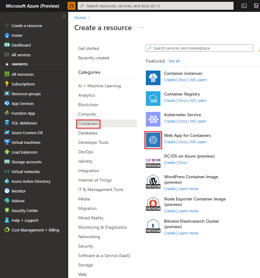 Screenshot della creazione di un'applicazione web per la risorsa container.