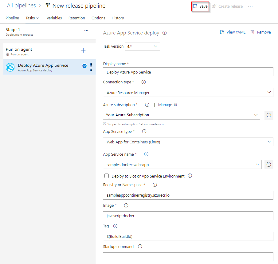 Screenshot dell'attività Deploy Azure App Service (Distribuisci servizio app di Azure).