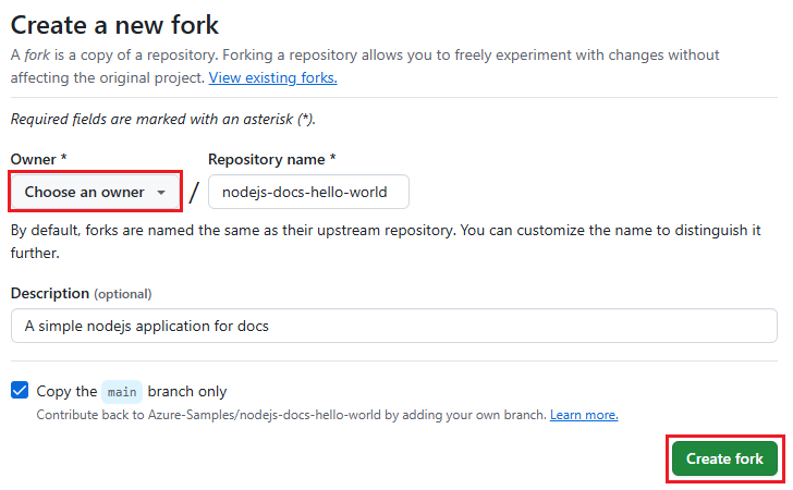 Screenshot della creazione di un fork su GitHub. 