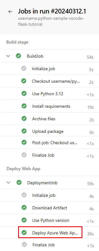 Screenshot dei passaggi della fase della pipeline.