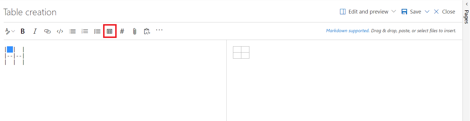 Inserire la tabella Markdown.