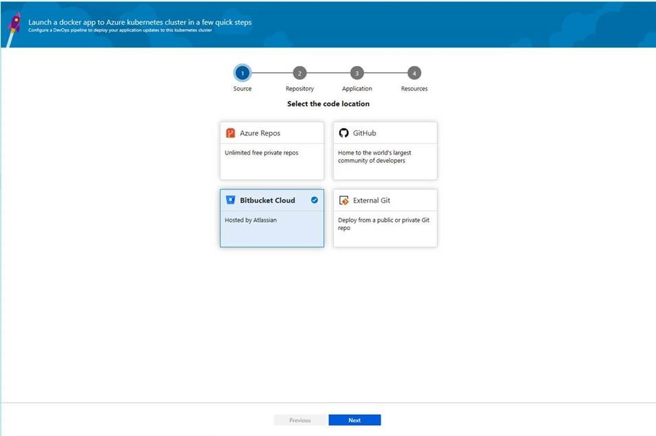 supporto per i repository Bitbucket nel Centro di distribuzione per AKS e le app Web per contenitori.