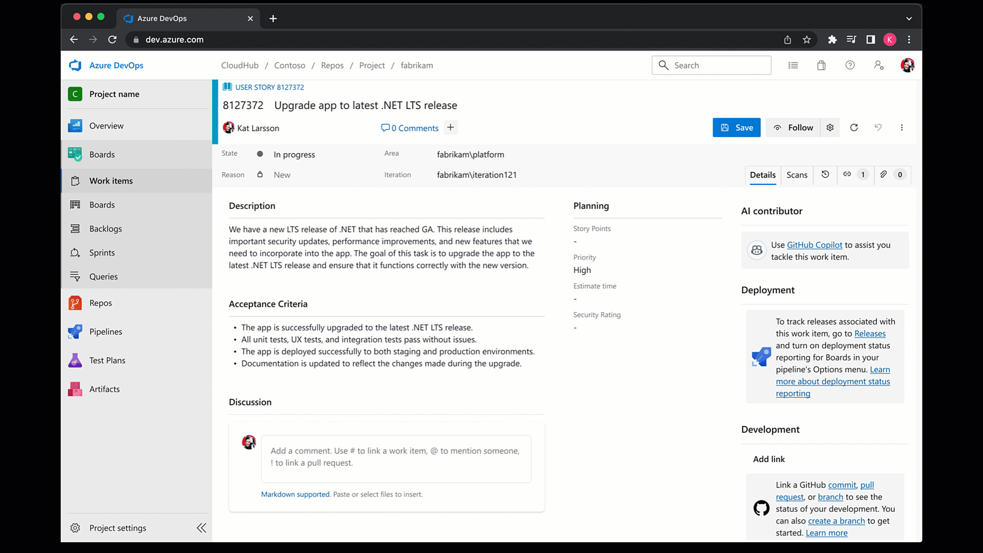 Esempio di gif animata dell'integrazione degli elementi di lavoro con l'agente di codifica GitHub