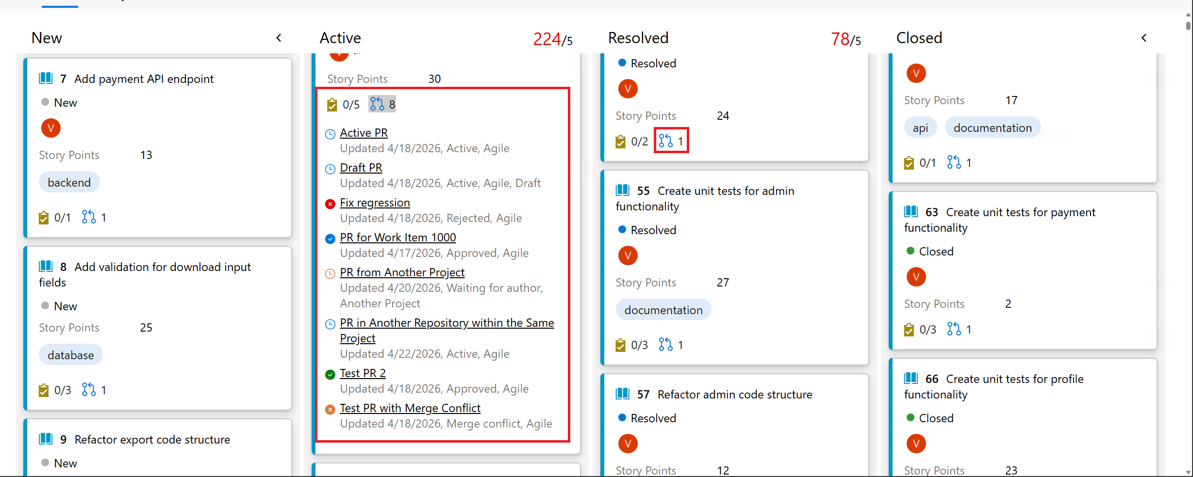 immagine delle annotazioni di pull request sulla scheda kanban