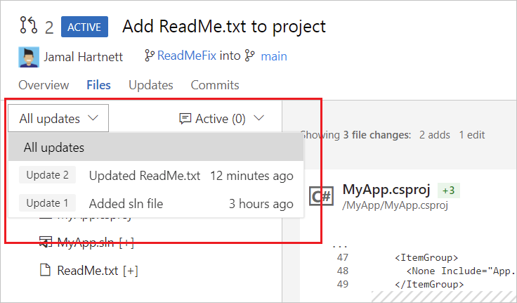 Schermata che mostra gli aggiornamenti delle richieste di pull nella scheda File di Azure Repos.