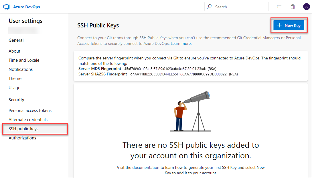 Screenshot che mostra l'accesso a Configurazione della sicurezza in Azure DevOps.