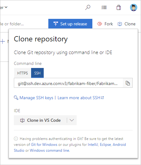 Screenshot che mostra l'URL clonato ssh di Azure Repos.