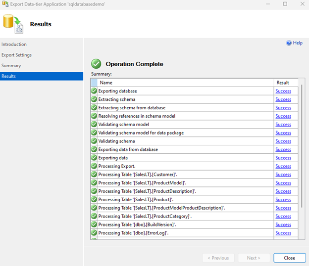 Screenshot mostra il messaggio completo dell'operazione e la pagina dei risultati.