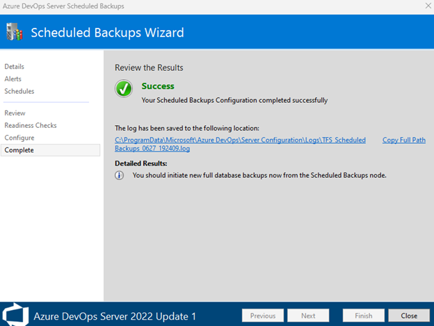 Screenshot che mostra la corretta configurazione del backup.