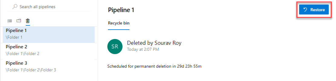 Screenshot che mostra l'opzione di Ripristino per le pipeline.